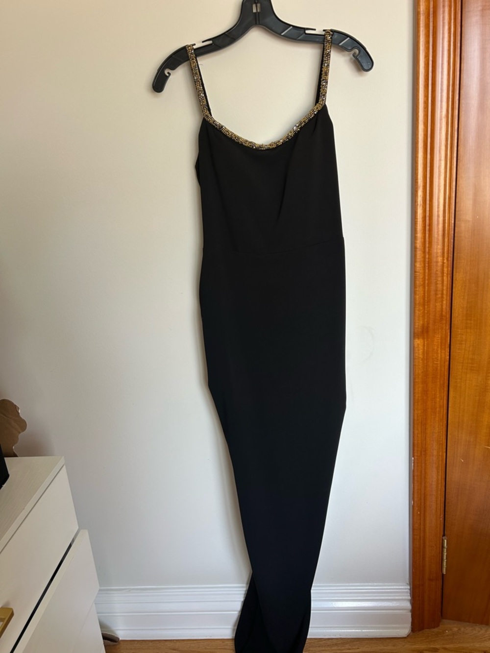 Nicole Bakti Black Maxi Dress with Gold-Trim Straps